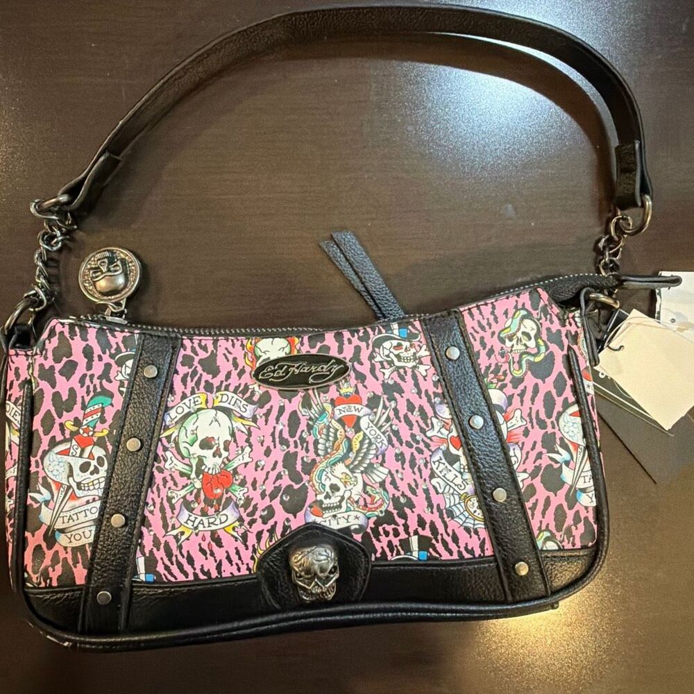 NWT Ed Hardy pink leopard tattoo baguette bag‎
